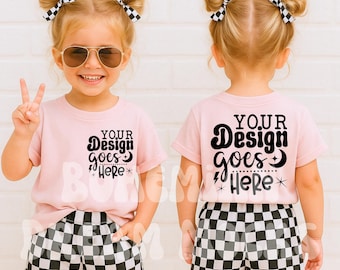 Kids Front and Back Pink Shirt Mockup |  Kids Bella Canvas 3001T Mockup | Trendy Kids Mockups | Both Sided Mockup | Kids Back Mockup | JPG