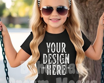 Maqueta de Bella Canvas 3001Y negra / Maqueta de camiseta para niñas / Maqueta de camiseta para niños / Maqueta de estilo de vida al aire libre para niños / Maqueta de camiseta negra / Maqueta 3001T
