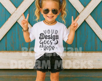 3001T Kids Bella Canvas White Shirt Mockup | Girls White Oversized TShirt Mockup | Trendy Boho Summer Boho Shirt Mock-up | 3001Y mockup