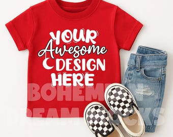 Kids Red Shirt Mockup | Bella Canvas 3001T T-shirt Mock up Flat Lay