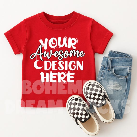 Bella Canvas 3001T Mockup Red | 3001Y Shirt Mockup | Toddler Tshirt Mockup | Flat Lay Youth Shirt Mockup | Trendy Kids Shirt Mockups