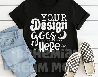 Black T-shirt Mockup | Flat Lay Shirt Mockup | Black Tee Mockup | Simple Shirt Mock-up | POD Black Tshirt Mockup