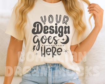 Bella Canvas Natural Shirt Mockup | 3001 T-Shirt Mockup | Blonde Model Minimal Simple Mockup | POD Natural Template