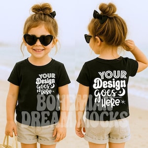 Kids Front and Back Black Shirt Mockup |  Kids Bella Canvas 3001T Mockup | Boho Kids Mockups | Both Sided Mockup | Girls Shirt Back Mockup