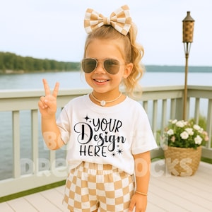 Bella Canvas Kids White Shirt Mockup | 3001Y Girls Oversized White T-shirt Mockup | Trendy Boho Checkered Shirt Mock-up | POD Youth Mock