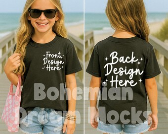 Kids Front and Back Black Shirt Mockup | Kids Comfort Colors 9018 Mockup | Boho Kids Mockups | Both Sided Mockup | Kids Back Mockup | JPG