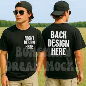 May include: Black t-shirt with the text "FRONT DESIGN HERE" on the front and "BACK DESIGN HERE" on the back. The shirt is being modeled by a person wearing a black cap and sunglasses. The bottom of the shirt has the text "BOHSEM DREAM MOCKS".