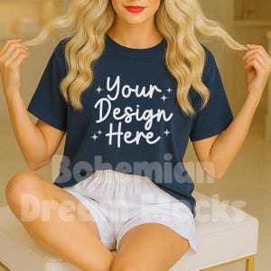 Bella Canvas Navy Shirt Mockup | 3001 Navy Blue T-shirt Mockup | Minimal Trendy Boho Aesthetic Shirt | Navy Shirt on Model