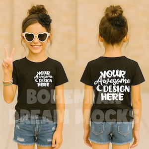 Kids Black Shirt Mockup Front and Back View |  Kids Bella Canvas 3001Y Mockup | Girl T-Shirt Mockup | Both Side Mockup | Kids Back Mockup