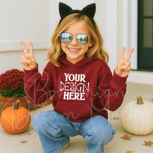 Youth Gildan 18500B Maroon Oversized Kids Hoodie Mockup | Girl Model Fall Halloween Trendy Boho Hoodie Mockup | POD Kids Hoodie Mock-up