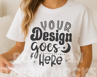 Bella Canvas vit skjorta mockup | 3001 vit t-shirt mockup | Ren minimalistisk vit t-shirt på modell mockup - POD t-shirt mall