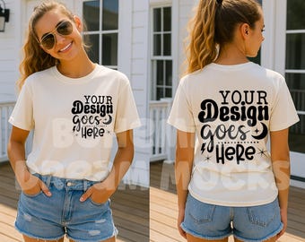 Front and Back T-Shirt Mockup | C1717 Ivory Front Back Mockup | Trendy Model T-shirt Mockup | Both Sided Mockup | Womens Ivory Shirt Mockup