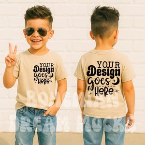 Kids Sand Front Back Mockup |  Kids Gildan 5000B Mockup | Boy 500B T-Shirt Mockup | Both Side Mockup | Boys Back Shirt Mock-up