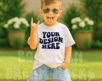 Boys Oversized White Shirt Mockup | Comfort Colors CC9018 Mockup | Outdoor Kids Lifestyle Summer Mock-up | Boy Rock On Silly Mockup