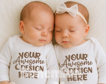 Twin Newborn Babies Mockup | Rabbit Skins 4411 Long Sleeve Mockup |  Twin Infant Gowns Mockup |  Newborn Boho Lifestyle Mockups