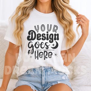C1717 White Shirt Mockup | Comfort Colors White T-shirt Mockup | Blonde Model Mockup | Trendy Boho Cozy Aesthetic Tshirt Mockup