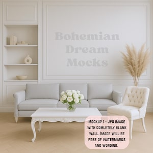 Mockup di soggiorno / Mockup di stanza boho bianca / Mockup di grande parete vuota / Mockup di arredamento per la casa / Mockup di stanza realistica