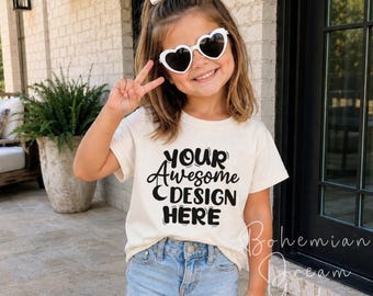 Kids Ivory Cream T-Shirt Mockup | Girls Off White Mock-up