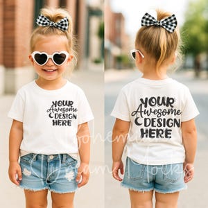 Maqueta de niña pequeña / Maqueta de camisa blanca para niños (parte delantera y trasera) / Maqueta de Bella Canvas 3001T / Maquetas de niños de moda / Maqueta de parte trasera de camiseta