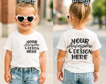 Toddler Girl Mockup | Front Back Kids White Shirt Mockup | Bella Canvas 3001T Mock-up | Trendy Kid Mockups | T-Shirt Back Mockup