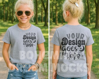 Gildan 5000B Sport Gray Shirt Mockup | Kids Front and Back Shirt Mockup | Girls Gray Front Back Mock up | Two Sided T-shirt Mockup