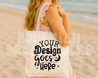Canvas Tote Bag Beach Mockup | Model Holding Tote Bag Mockup | Lifestyle Tote Bag Mock-up | Print On Demand Canvas Tote Bag Mockup Template