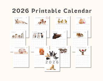 2026 Printable Calendar • Cute Animal A4 PDF • Wall Calendar Digital Download