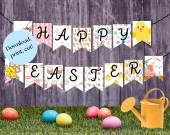 Printable Easter Banner, Egg Hunt Signs, Gift Tags Bundle (Digital Download)