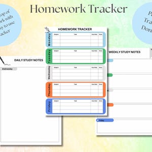 Könnte beinhalten: Ein druckbarer Hausaufgabenplaner mit einem farbenfrohen Design. Der Planer enthält einen Abschnitt für wöchentliche Lernnotizen, einen Abschnitt für tägliche Lernnotizen und einen Abschnitt für die Hausaufgabenplanung mit Spalten für Fach, Aufgabe, Fälligkeitstermin und erledigt. Der Text "Plan it. Track it. Done it!" befindet sich oben rechts auf der Seite.