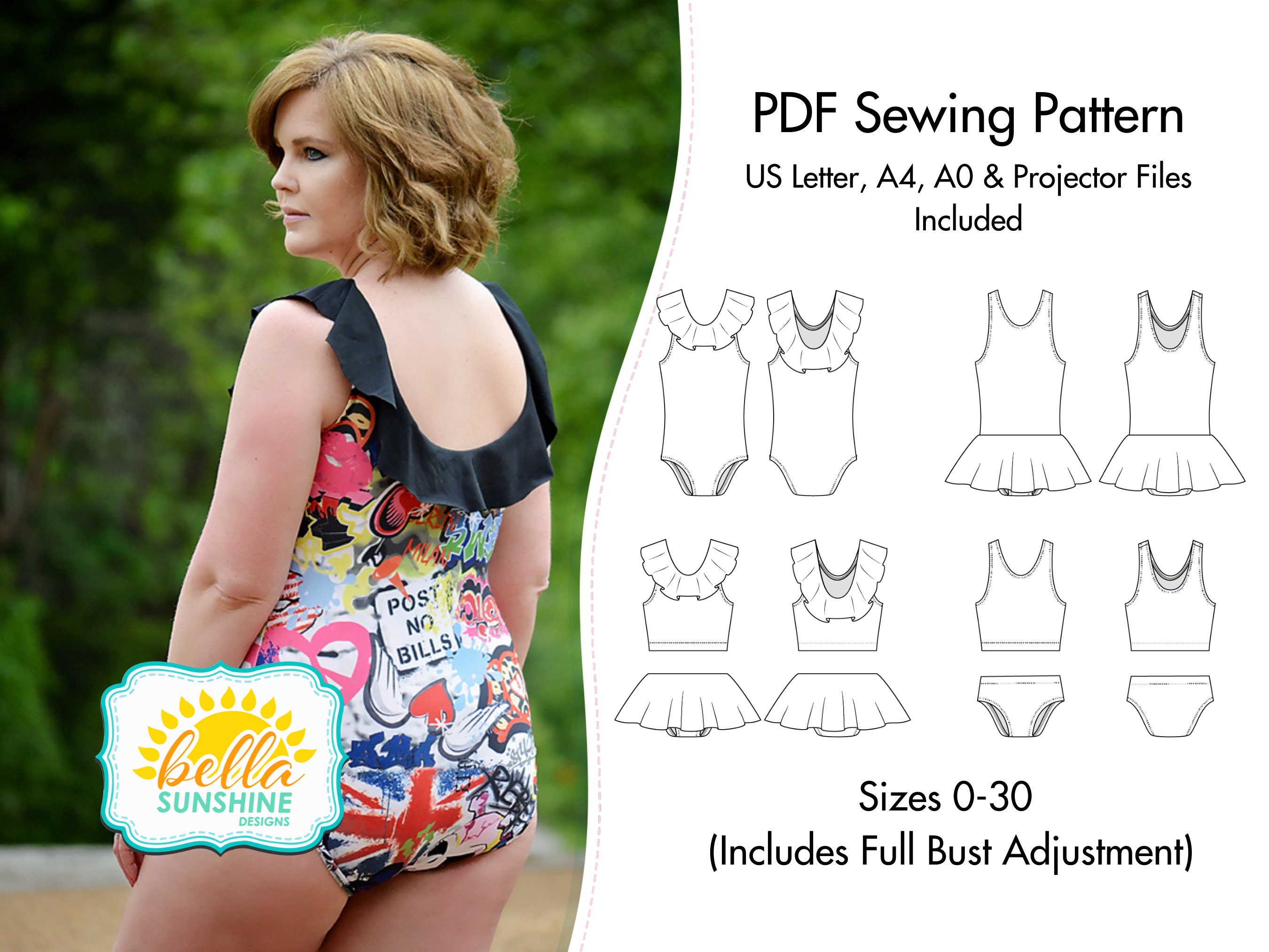 Cygne Swimsuit, sizes 32-52 (cup B to G) , PDF sewing pattern | Hariito