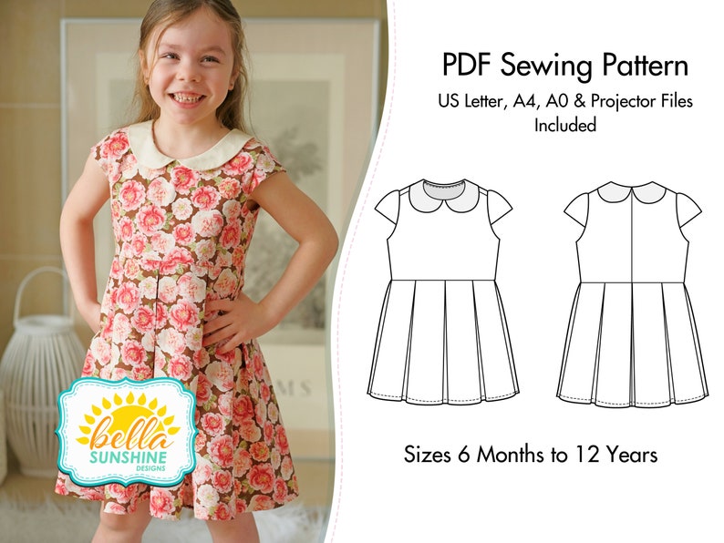 Alice Pleated Dress, PDF Sewing Pattern, peter pan collar, girls pleated dress, girls dress pattern, trendy baby clothes, sewing pattern, image 1