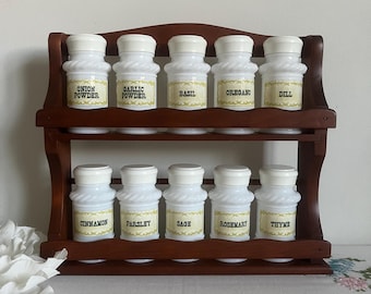 Vintage Milk Glass Spice Jars and Rack
