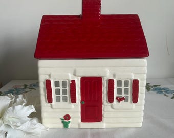 Vintage Red and White Cottage Cookie Jar