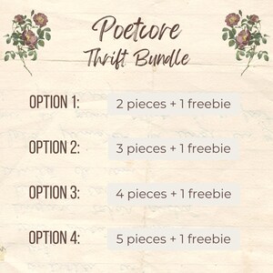 May include: A beige background with the text "Poetcore Thrift Bundle" in a handwritten font. The image lists four options for bundles, each including a number of pieces and a freebie. Floral illustrations are in the corners.
