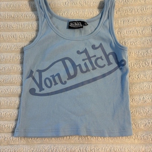 Von Dutch Tank Top Womens Large Baby Blue Logo All Over Crop Y2K Motorcycle image 1