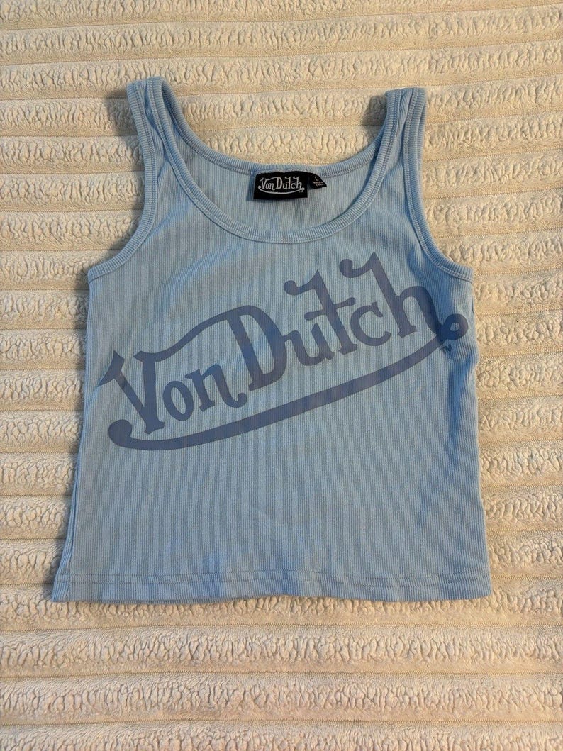 Von Dutch Tank Top Womens Large Baby Blue Logo All Over Crop Y2K Motorcycle image 1