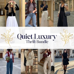 May include: A collection of outfits showcasing various clothing pieces. The outfits include skirts, trousers, jumpers, and jackets in neutral tones. The text "Quiet Luxury Thrift Bundle" is displayed in the centre.