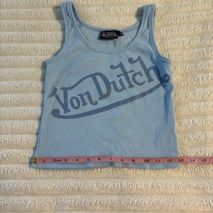 Von Dutch Tank Top Womens Large Baby Blue Logo All Over Crop Y2K Motorcycle image 3