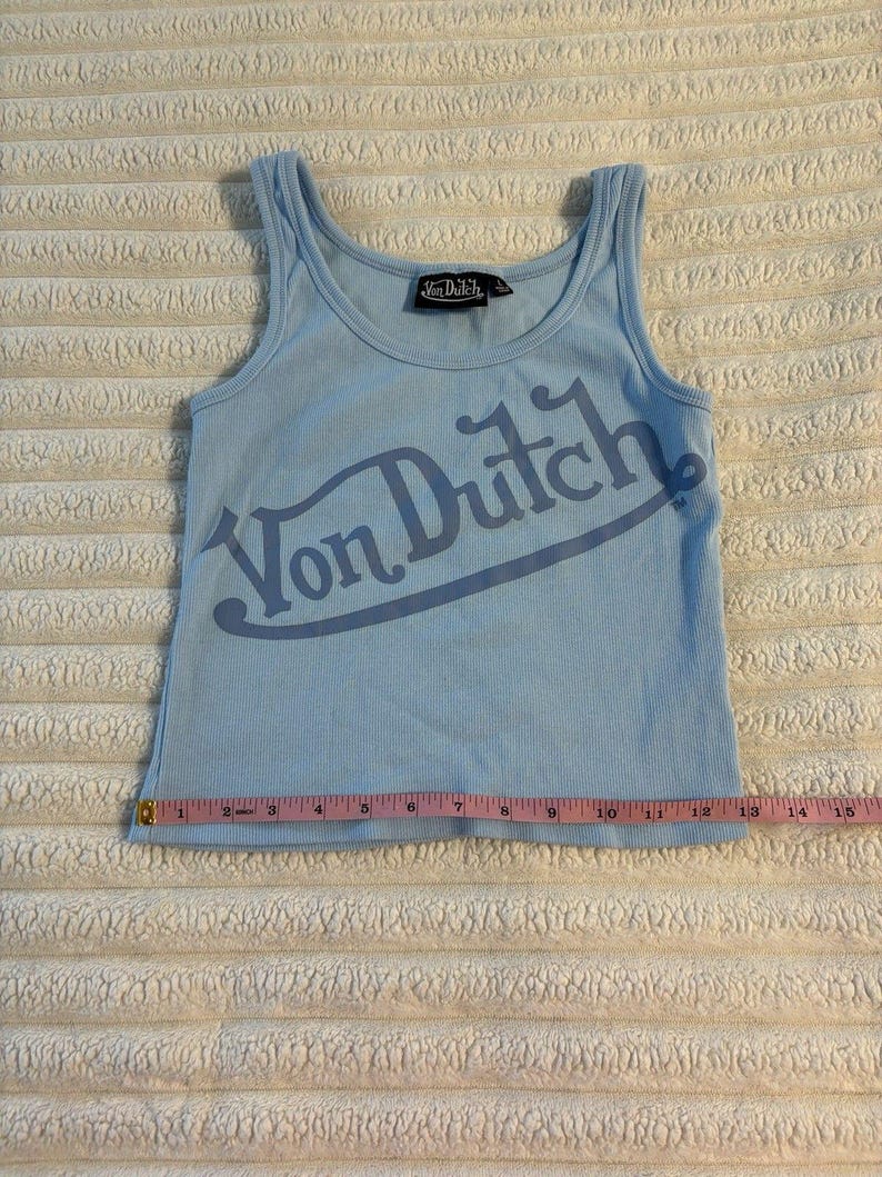 Von Dutch Tank Top Womens Large Baby Blue Logo All Over Crop Y2K Motorcycle image 3