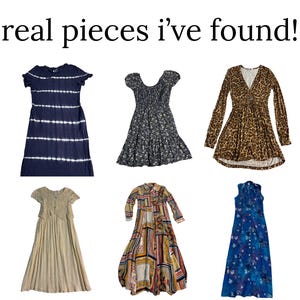 Pu&ograve; includere: Collezione di sei abiti in vari stili e fantasie. Include un abito blu navy tie-dye, un abito nero con stampa floreale, un abito con stampa leopardata, un abito beige, un abito fantasia e un abito floreale blu. Testo: "real pieces i've found!"