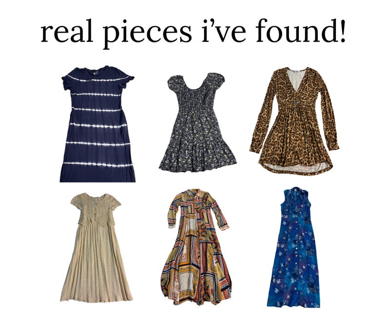 Pu&ograve; includere: Collezione di sei abiti in vari stili e fantasie. Include un abito blu navy tie-dye, un abito nero con stampa floreale, un abito con stampa leopardata, un abito beige, un abito fantasia e un abito floreale blu. Testo: "real pieces i've found!"