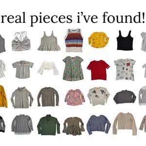 Pu&ograve; includere: Una collezione di top e camicie varie, tra cui canotte, camicette e maglioni. Gli indumenti sono in una variet&agrave; di colori e stili, alcuni con motivi floreali e righe. Il testo "real pieces i've found!" &egrave; in alto.
