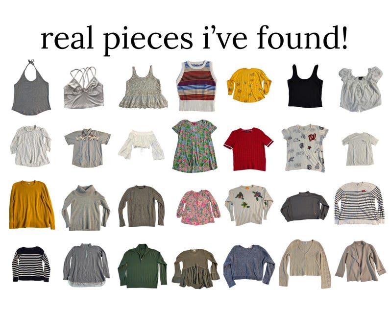Pu&ograve; includere: Una collezione di top e camicie varie, tra cui canotte, camicette e maglioni. Gli indumenti sono in una variet&agrave; di colori e stili, alcuni con motivi floreali e righe. Il testo "real pieces i've found!" &egrave; in alto.