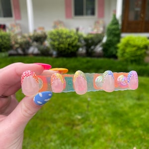 Dopamine Press On Nails | Rainbow Flower French Tips | Birthday Concert Summer | Hand Painted Custom Press On Nails