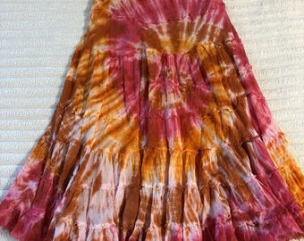 Solitaire Spiral Tie Dye Maxi Skirt Womens Large Pink Orange Boho Twirlable Tier
