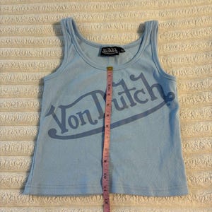 Von Dutch Tank Top Womens Large Baby Blue Logo All Over Crop Y2K Motorcycle image 2