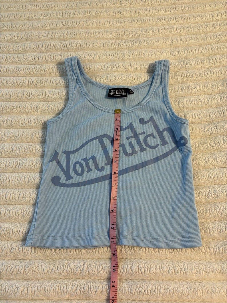 Von Dutch Tank Top Womens Large Baby Blue Logo All Over Crop Y2K Motorcycle image 2
