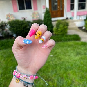 Dopamine Press On Nails | Rainbow Clouds Flower Smiley Birthday Concert Summer | Hand Painted Custom Press On Nails