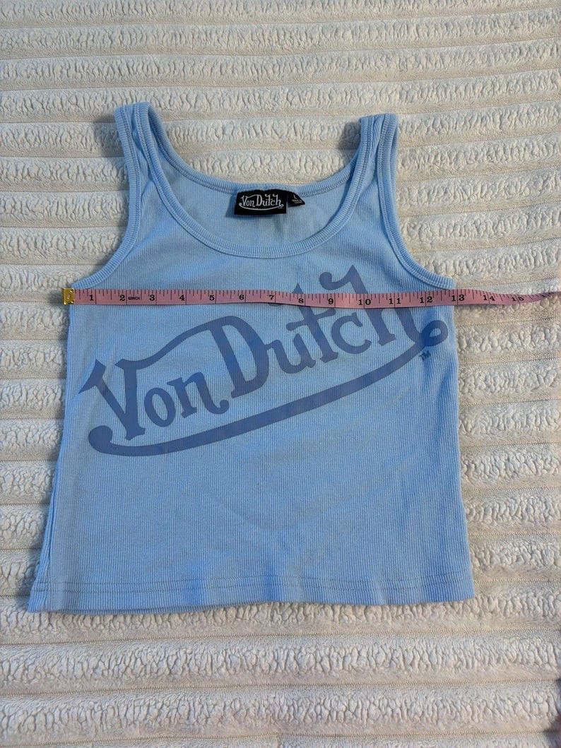 Von Dutch Tank Top Womens Large Baby Blue Logo All Over Crop Y2K Motorcycle image 4