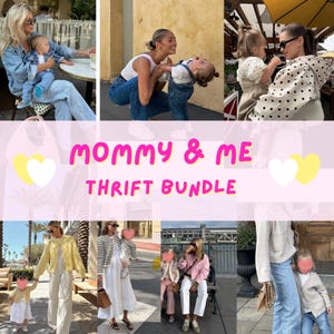 May include: A collage of images featuring women and children in various outfits. The text "MOMMY & ME THRIFT BUNDLE" is displayed in pink, with yellow and white heart graphics. The images showcase casual and stylish clothing combinations.